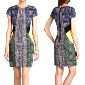BCBGMaxAzria “Chloe” Blue Green Gray Snakeskin Print w/ yellow Color Block Dress